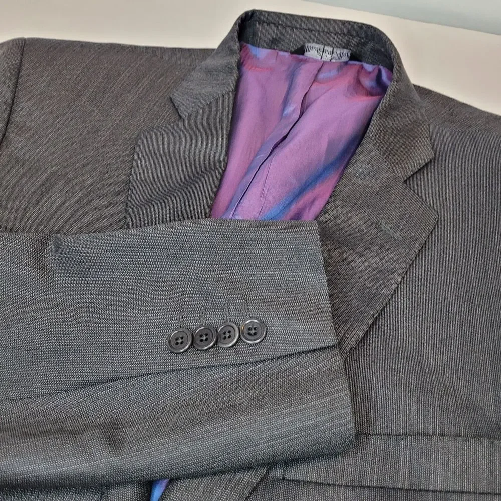 Saks Fifth Avenue RED Blazer Men 44L Grey Ermenegildo Zegna Silk Wool Italy Trim